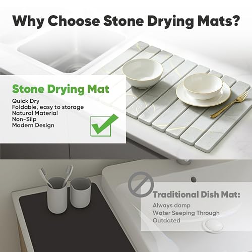 Stone Drying Mat for Kitchen Counter, Quick Diatomaceous Earth Mats for Dishes, 24"L x 16" W Super Absorbent Fast-Drying Collapsible Countertop Stone Mat (Marble White Yellow, 24" x 16") - color: Marble White Yellow