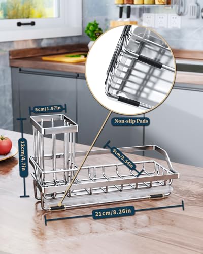 Consumest Sink Caddy, Kitchen Sponge Holder with Dish Brush Holder, Kitchen Organizer with Drip Tray for Countertop, Stainless Steel Rustproof - Silver - color: A-silver