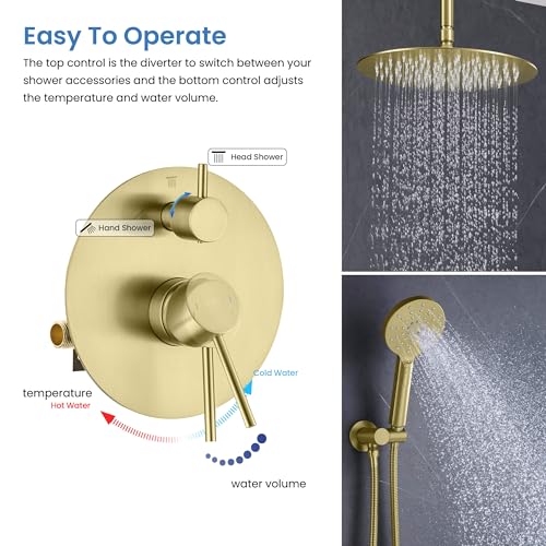 Circular Ceiling Mounted Shower System with 2-Function Faucet Set | Solid Brass Pressure Balanced Valve | Anti-Scald Design for Reliable Water Temperature Control (Brushed Gold Finish, KSF408) - color: Brushed Gold