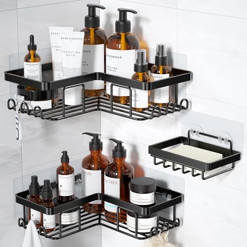 YASONIC Corner Adhesive Shower Caddy, with Soap Holder and 12 Hooks, Rustproof Stainless Steel Bathroom Organizer, No Drilling Wall Mounted Rack, Black, 3-Pack - color: Black