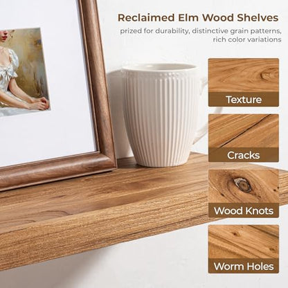 Floating Shelves for Wall, 48in Reclaimed Elm Wood Shelves, Natural | 8" Deep Wall Shelf, Invisible Bracket, Large Long Wall Shelves, Living Room, Bedroom, Kitchen, Bathroom - color: Natural Flat Edge, size: 48 inches - 1P
