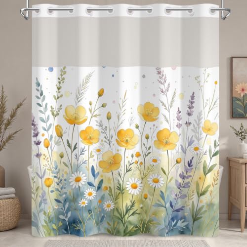Watercolor Floral Shower Curtain with Snap in Liner, 71x74 Inch | No Hooks Needed, Mesh Top & Double Layer Waterproof Bath Curtain, Wildflower Botanical Design for Country Farmhouse Bathroom - color: Nature Flowers