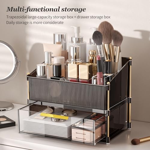 INVSSENE Stackable Makeup Organizer Countertop, Storage Perfume Skincare Cosmetic Lipstick Face Mask Makeup Brush Holder Palettes, Ideal for Vanity Bathroom Counter - color: 3514 Coffee+Clear