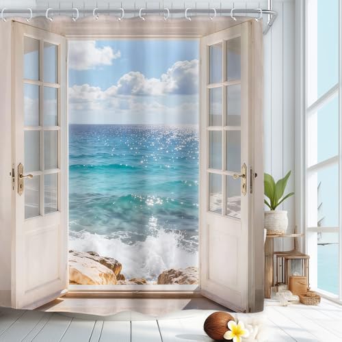 Ocean Beach White Barn Door Blue Sea Wave Retro Bathroom Shower Curtain Set | 72"W x 72"H Rustic Hawaiian; waterproof HD print, quick-dry fabric with plastic hooks for easy hanging. - color: A-white, size: 72"W x 72"L (Pack of 1)
