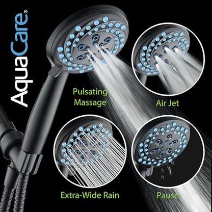 AquaCare New 8-mode High Pressure Handheld Shower Head w/ 2-way Power Wash | Stay Clean Nozzles, Dual Power Wash for Tub, Tile & Pets, Long 6 ft. Stainless Steel Hose, Wall & Overhead Brackets / Black - color: Black