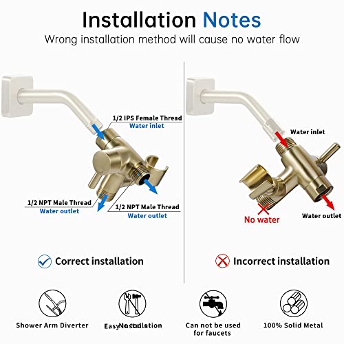 G-Promise Solid Metal Shower Head Diverter with Holder 3-Way | Spray Separately or Both, Adjustable-Angle Bracket, Anti-Leak, Smooth Knob Switch, Easy Install, Universal Replacement Part - color: Brushed Gold