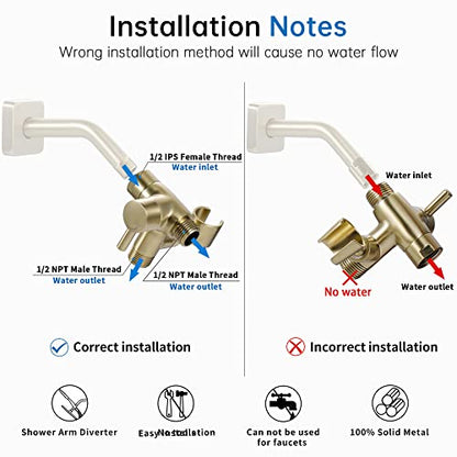 G-Promise Solid Metal Shower Head Diverter with Holder 3-Way | Spray Separately or Both, Adjustable-Angle Bracket, Anti-Leak, Smooth Knob Switch, Easy Install, Universal Replacement Part - color: Brushed Gold