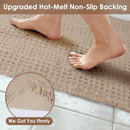 Waffle Bath Mat Set of 2, Absorbent Waffle Bathroom Rug with Tassels, Non Slip Bath Mats for Bathroom Floor, Ultra Soft Boho Bath Mat, Quick Dry Shower Mat, Machine Washable, 17"×24" & 20"×47", Khaki - size: 17" x 24"+20" x 47"