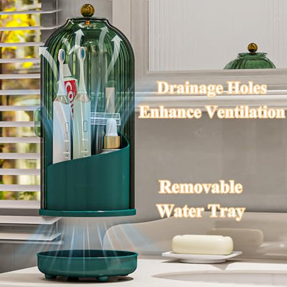 Drainable Toothbrush Toothpaste Holders with Cover, Green | Drainage Holes, Waterproof and Dustproof, 360° Rotating Base, Sliding Door, for Bathroom Counter - color: Green