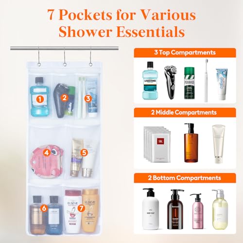 Lifewit Cruise Essentials Shower Caddy Must-Have, 7 Pockets Hanging Bathroom Organizer with Quick-Dry Mesh, Portable Shower Bag to Storage Soap, Shampoo, for RVing, Travel, Camping, White, 1 Pack | 14" x 30", Attached 3 Hooks, Quick-Dry, Portable, Cruise
