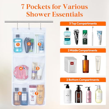 Lifewit Cruise Essentials Shower Caddy Must-Have, 7 Pockets Hanging Bathroom Organizer with Quick-Dry Mesh, Portable Shower Bag to Storage Soap, Shampoo, for RVing, Travel, Camping, White, 1 Pack | 14" x 30", Attached 3 Hooks, Quick-Dry, Portable, Cruise