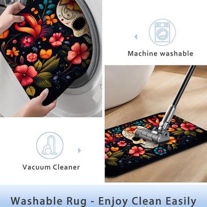 Skull Flowers Bathroom Mat, Non-Slip Rubber Backing Thin Low-Profile Bath Rug, Easy-Clean Bathroom Floor Mat for Shower, Bathtub, Kitchen, or Entryway - color: Skull Flowers