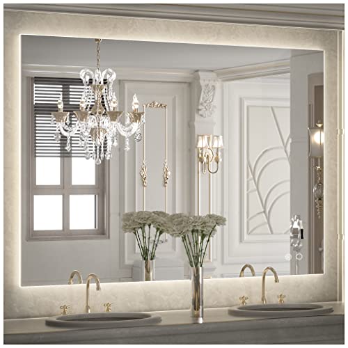 Keonjinn Backlit Mirror 40 x 32 Inch LED Mirror Bathroom Vanity Mirror with Lights 3-Color Warm/Natural/White High Lumens 6418LM, Anti-Fog Wall Mounted Dimmable Lighted Makeup Mirror - color: Backlit 3-color, size: 32"L x 40"W