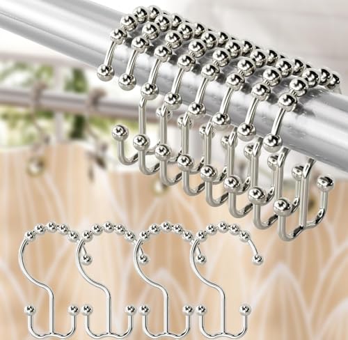 Shower Curtain Hooks Rings Set of 12, Stainless Steel Rust-Resistant Metal Double Glide Shower Curtain Hooks for Bathroom Shower Rods, Smooth Roller Balls, Nickel