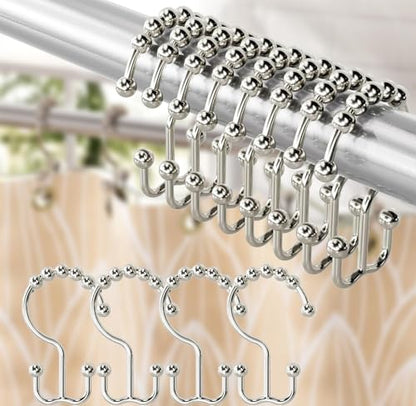 Shower Curtain Hooks Rings Set of 12, Stainless Steel Rust-Resistant Metal Double Glide Shower Curtain Hooks for Bathroom Shower Rods, Smooth Roller Balls, Nickel