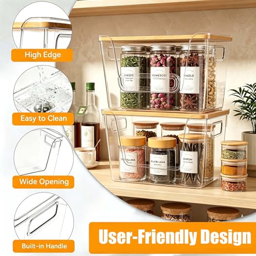 4 Pack Pantry Organizers and Storage with Bamboo Lids | Stackable Clear Plastic with Lid/Handle Trash Bag Holder for Vegetable,Fruit,Under Kitchen Sink Countertop Organizer - size: 4 Pack