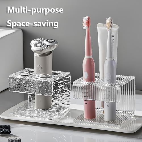Bathroom Toothbrush Holder, Clear Acrylic Electric Toothbrush Organizer & Toothpaste Container, Wave Pattern Stand with Multi-Hole Design, Large Capacity Tooth Brush Holder for Bathroom Countertop