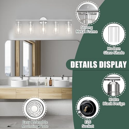 Bathroom Vanity Light Fixtures Polished Chrome Bathroom Lighting Fixture, 5 Lights Bathroom Light Fixture Over Mirror, Modern Black Vanity Light, Wall Sconces with Glass Shades - color: Polished Chrome, size: 5 Lights