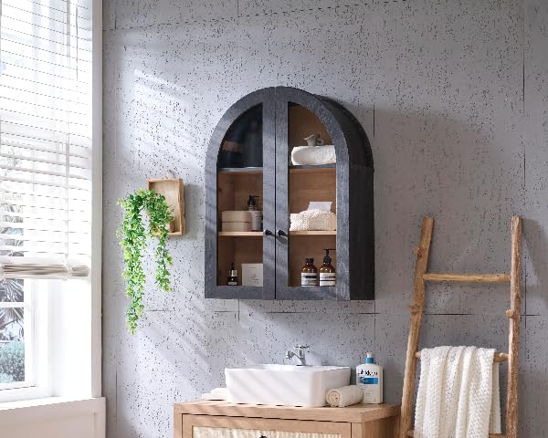 Bathroom Arched Wall Cabinet, 23.5'' Wide Medicine Cabinet, Wall Mount with Glass Doors & Adjustable Shelves, Over the Toilet Storage Cabinet for Laundry Room, Bedroom, Kitchen, Grey Black - color: Grey Black