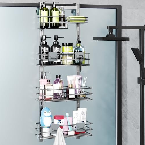 Orimade Shower Caddy Adjustable Height 4 Tier Silver,Bathroom Hanging Over the Door Organizer Shelf Rustproof with 4 Hooks,Shower Basket with Soap Holder and Suction Cup - color: Silver Grey-4T