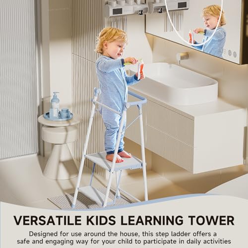 Foldable Toddler Tower, 2-in-1 Alloy Steel Kids Kitchen Step Stool & Adult 2-Step Ladder, Folding Kitchen Tower with Removable Safety Rail, Anti-Slip Steps for Kitchen & Bathroom - color: Soft Blue & Ivory