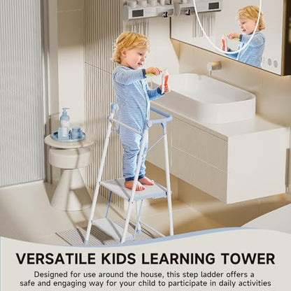 Foldable Toddler Tower, 2-in-1 Alloy Steel Kids Kitchen Step Stool & Adult 2-Step Ladder, Folding Kitchen Tower with Removable Safety Rail, Anti-Slip Steps for Kitchen & Bathroom - color: Soft Blue & Ivory