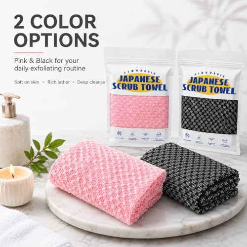 2 Pack Japanese Exfoliating Shower Towel Dual-Sided 3D Weaving | Extra Long 120cm Back Scrubber for Men Women(Black+Pink) - color: Black+pink