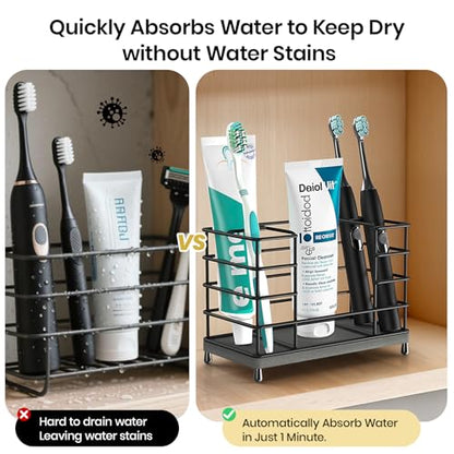 Toothbrush Holder with Quick Drying Mat—Toothbrush and Toothpaste Holders for Bathrooms—5 Slots Openwork Design Black Toothbrush Holder Set,Bathroom Counter Organizer for Electric Toothbrush - size: Large