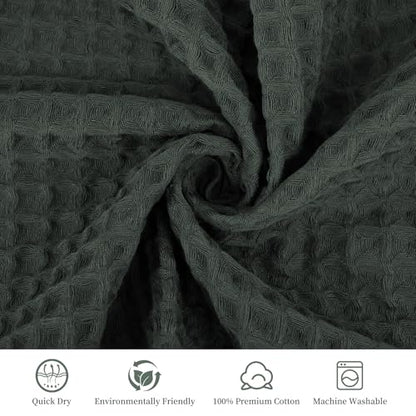 12 Piece Dark Green Waffle Bath Towel Set, 100% Cotton | Bathroom Towel Set, Highly Absorbent and Quick Dry, Soft Waffle Weave Towel, for Bathroom, Hotel, Spa, Gym Daily Use