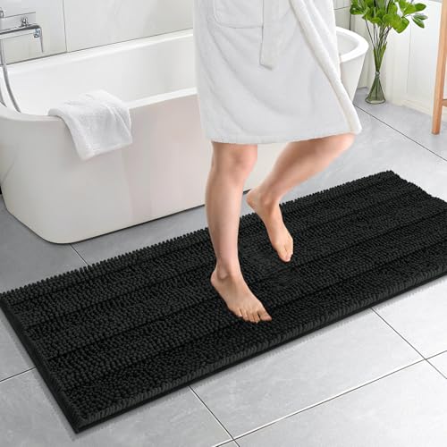 OLANLY Thick Bathroom Runner Rugs 59x20, Chenille Long Bath Rugs, Black | Soft Absorbent Striped, Rubber Backing, Machine Wash, Bath Mats for Bathroom Floor, Tub and Shower, Home Decor Accessories - color: Black, size: 59" X 20"