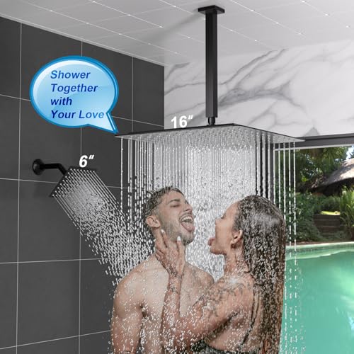 Enga Thermostatic Dual Shower Heads System, 16" + 6" Dual Rain Shower System (Can All Run Together & Volume Adjustable) Dual Shower Head Combo Set, Matte Black - color: Matte Black, style: ‎16"+6" Head