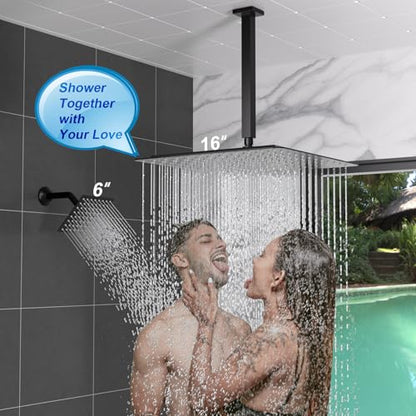 Enga Thermostatic Dual Shower Heads System, 16" + 6" Dual Rain Shower System (Can All Run Together & Volume Adjustable) Dual Shower Head Combo Set, Matte Black - color: Matte Black, style: ‎16"+6" Head
