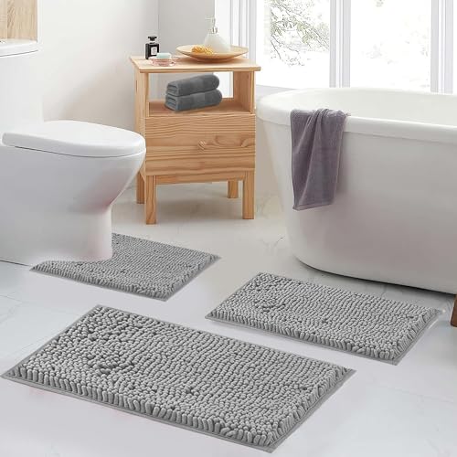 Bathroom Rugs Sets 2 Piece Plush Chenille Bath Rugs Non-Slip Bath Mats Absorbent Shaggy Rugs,Bathtub Mat, Gray Pet Dog Mats,Washable Bathroom Carpet for Tub, Shower, Washroom- 32x20 + 24x16 Inch - color: Ash Gray