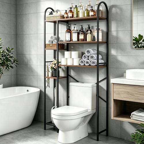 HOMEFORT Over The Toilet Storage with Side Rack, 6-Tier Over Toilet Storage Rack with Adjustable Shelf, Space Saver Bathroom Organizer for Laundry, Balcony, Kitchen,31.5"W x 9.4"D x 65"H,Rustic Brown