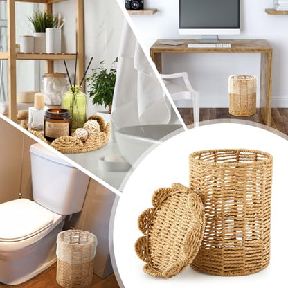 Ctosree 1.3 Gallons Small Wicker Trash Can with Lid Handle Woven Wicker Rattan Bathroom Waste Basket Boho Trash Basket with 100 Plastic Garbage Bags for Bedroom Laundry (Scalloped Style, Natural) - color: Natural, size: 1.3 Gallons, style: Scalloped Style