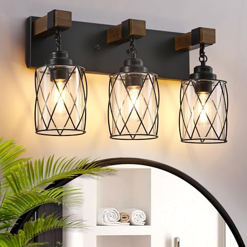 Bathroom Light Fixtures,Farmhouse Black Metal with Glass Shade | 3 Light Rustic Vanity Lights, Wood Accent Wire Cage Design, Mounts Over Mirror, Ideal for Bedroom & Hallway,Easy to Install - size: 3-Light