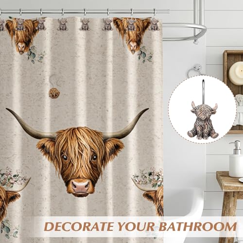 Roowest 12 Pcs Highland Cow Shower Curtain Hooks Western Shower Curtain Hooks Stainless Steel Rust Resistant Rings Hangers for Winter Farmhouse Rustic Bathroom Decor - style: Highland Cow