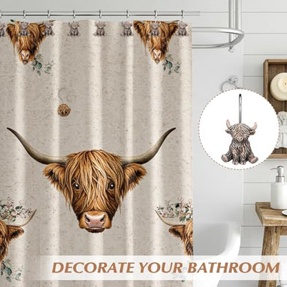 Roowest 12 Pcs Highland Cow Shower Curtain Hooks Western Shower Curtain Hooks Stainless Steel Rust Resistant Rings Hangers for Winter Farmhouse Rustic Bathroom Decor - style: Highland Cow