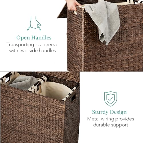Best Choice Products Large Double Laundry Hamper with Lid, Natural Handwoven Water Hyacinth, 2 Sections w/ 2 Machine Washable Linen Liner Bags, Portable, Handles - Espresso - color: Espresso