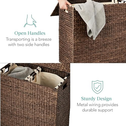 Best Choice Products Large Double Laundry Hamper with Lid, Natural Handwoven Water Hyacinth, 2 Sections w/ 2 Machine Washable Linen Liner Bags, Portable, Handles - Espresso - color: Espresso