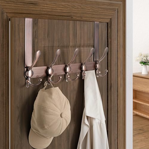 Over Door Hook 2.0 - Upgraded Version - Simple-Assembly, Strong, Heavy-Duty Stainless Steel 5-Tri-Hook Over The Door Hanger Rack, SimpleStrong Series, Antique Copper, Pack of 2 - color: Copper