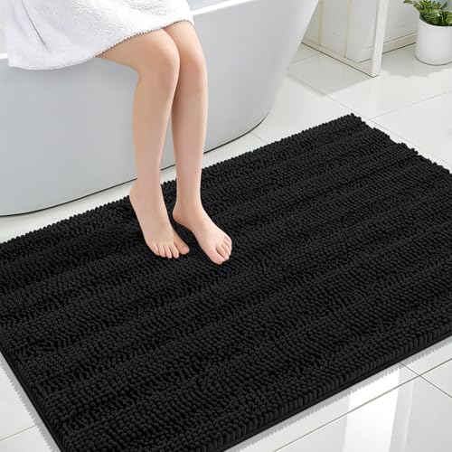 OLANLY Thick Large Bathroom Rugs 47x32, Soft Chenille Bath Rugs, Black | Absorbent Striped, Rubber Backing, Machine Wash Dry, Bath Mats for Bathroom Floor, Tub and Shower, Home Decor Accessories - color: Black, size: 47" X 32"