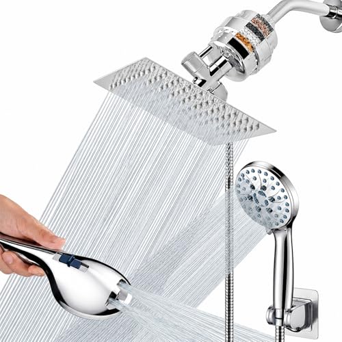 Dual Filtered 8" Stainless Steel Rain Shower Head & Handheld Spray Combo | Replaceable Cartridge High Pressure Filter 7-Spray Mode Shower Head, Innovative 3-way Diverter, 59'' Anti-Kink Hose, Chrome
