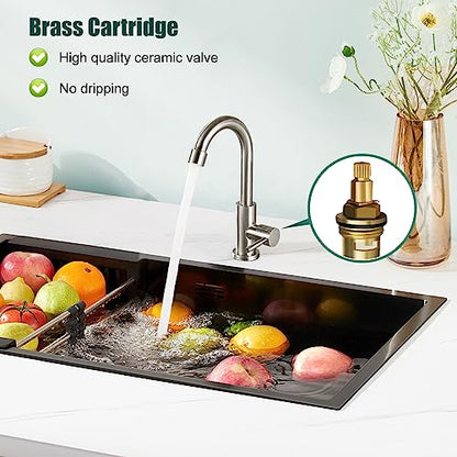 Heyalan SUS304 Cold Water Bar Sink Faucet, Single Handle, Brushed Nickel | SUS304 stainless steel, high-arc gooseneck, single-hole deck mount, 24-inch supply hose, 2.5-inch shank, 1.8 GPM - color: Brushed Nickel