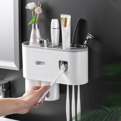 Wall Mounted Toothbrush Holder Set with Toothpaste Dispenser 2 Cups Punch Free Bathroom Toothbrush Organizer Rack Overhang Gargle Rack for Bathroom Storage