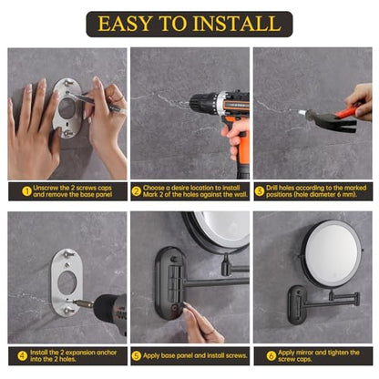FUNTOUCH 5000mAh Rechargeable Wall Mounted Makeup Mirror with Lights 3X/20X | Double Sided Magnifying,3 Color Lights,Touch Dimmable, Extended Arm 360 Rotation Lighted Bathroom Mirror with Magnification - color: Metal Black