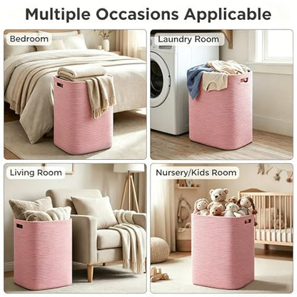 Large Laundry Hamper 16"x13"x22" - Tall Woven Laundry Basket, Cotton Rope Dirty Clothes Hamper, Baby Kids Nursery Wicker Laundry Basket, Bedroom Aesthetic, Soft Laundry Bin, Pink Hamper, 75L - color: Pink