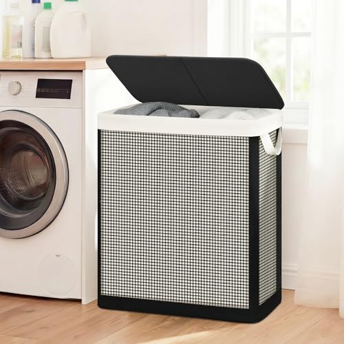 STO STO Double Laundry Hamper with Lid, 140L Large 2 Section Laundry Sorter, Laundry Basket with Removable Washable Canvas Liner Bag, Breathable Clothes Hamper for Bedroom Bathroom Laundry Room Closet - size: 2-Section