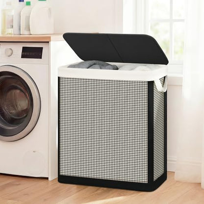 STO STO Double Laundry Hamper with Lid, 140L Large 2 Section Laundry Sorter, Laundry Basket with Removable Washable Canvas Liner Bag, Breathable Clothes Hamper for Bedroom Bathroom Laundry Room Closet - size: 2-Section