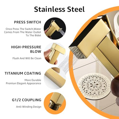 Handheld Bidet Sprayer for Toilet, Cloth Diaper Sprayer with Wall Mounts (ABS) and Hand Held Bidet Bathroom Hose (Stainless Steel), Jet Spray for Toilet, Muslim Shower, Easy to Install (Gold) - color: Gold